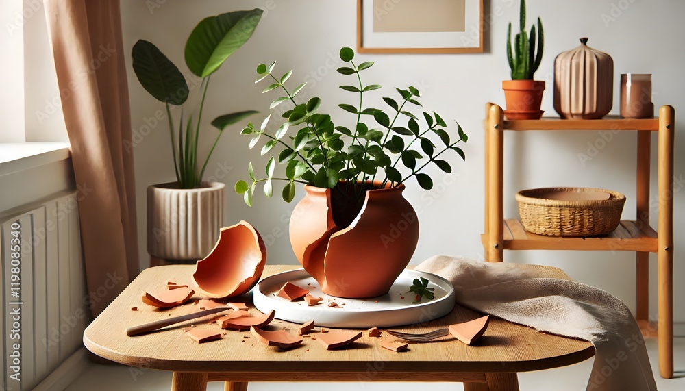 Fototapeta premium Broken Clay Pot with Plant on Table
