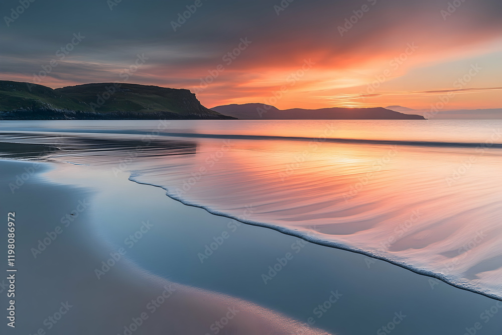 Tranquil beach at sunset with warm orange and pink hues reflected on gentle waves lapping the shore, evoking calm and relaxation Tranquil beach at sunset with warm orange and pink hues reflected on gentle waves lapping the shore, evoking calm and relaxation