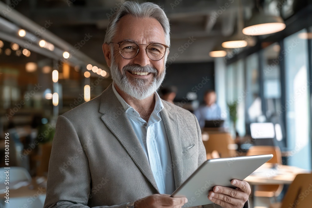 Fototapeta premium Smiling older businessman holding a tablet in the office. Happy executive looking at the camera while using a digital device