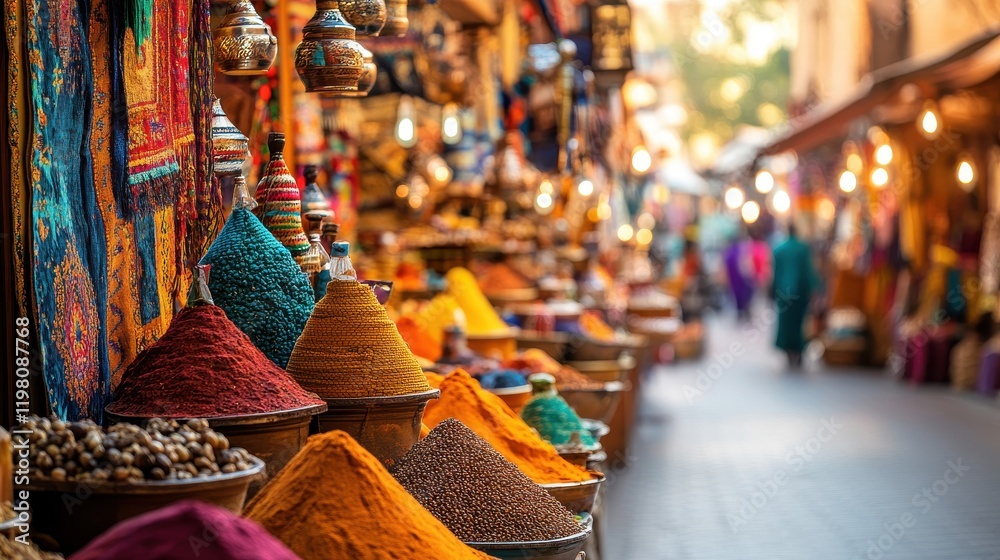 Obraz premium Vibrant street market with spices and textiles
