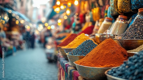 Vibrant street market with spices and textiles