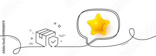 Parcel insurance line icon. Continuous line with 3d star. Risk coverage sign. Package delivery protection symbol. 3d star in speech bubble. Parcel insurance single line ribbon. Vector