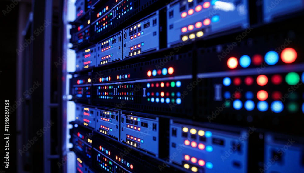 Digital network server rack with LED indicators in data center, technology Digital network server rack with LED indicators in data center, technology