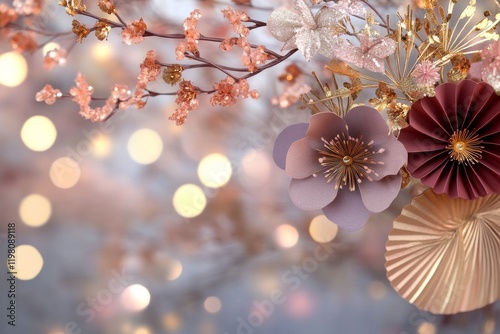 Elegant floral arrangement with soft bokeh background showcasing blossoms and decorative elements photo