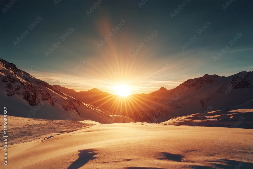 Majestic sunrise over snowy mountain landscape creates breathtaking view in the early morning light Majestic sunrise over snowy mountain landscape creates breathtaking view in the early morning light