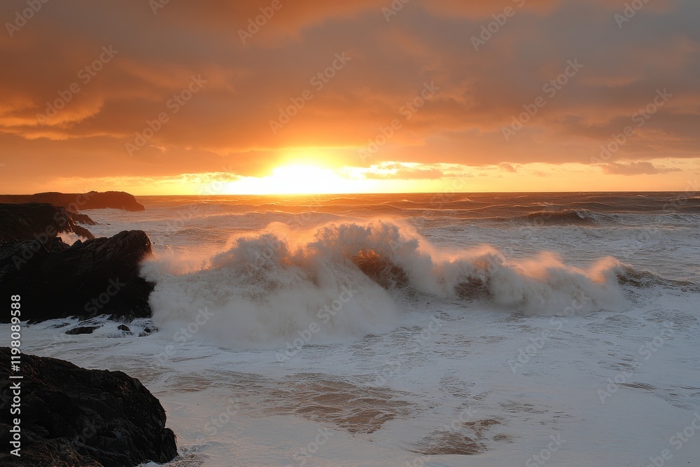 Fototapeta premium Stunning sunset over rocky coastline with crashing waves and dramatic clouds at ocean's edge