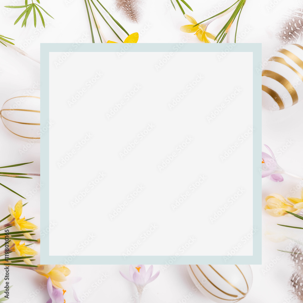 Obraz premium Decorative Easter Background with Flowers and Eggs, Easter frame