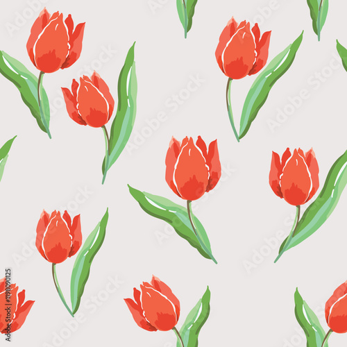 Red tulip flowers, green leaves, light gray background. Floral illustration. Vector seamless pattern. Botanical design. Nature spring garden plants
