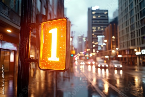 Bright orange pedestrian signal illuminated on a rainy city street at dusk with blurred traffic lights in the background photo