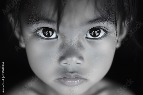 Pensieve gaze of a young child in black and white photo