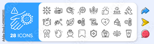 Vaccine protection, Medical analytics and Organic tested line icons. Interest rate, AI generate, Inflation icons. Pack of Medical shield, Celsius thermometer, Dental insurance icon. Vector