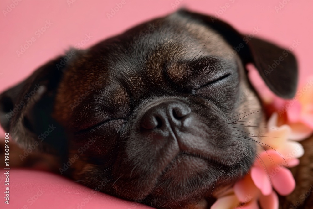 Cute pug puppy resting peacefully with flower collar on a pink background