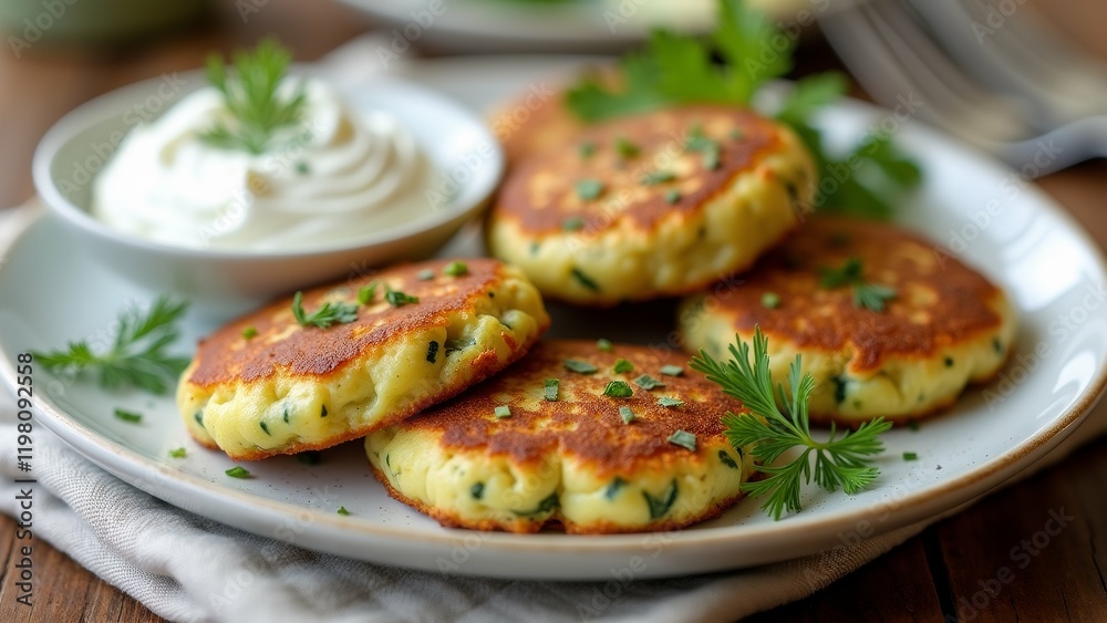 The image shows a plate of four round, golden-brown, fried food items on a wooden table. The food appears to be a type of omelette, with a flaky crust and a layer of melted cheese on top.