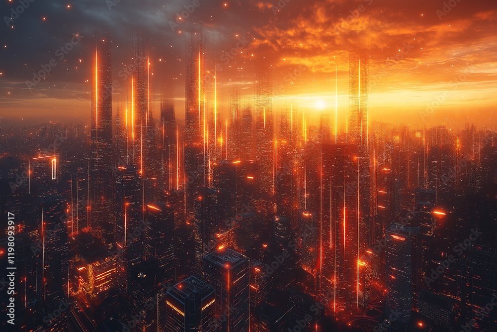 Fototapeta premium Futuristic cityscape with glowing data streams