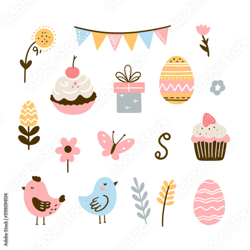 Set of cute Easter characters and elements. Easter bunny, chicks, eggs and flowers. Vector illustration.