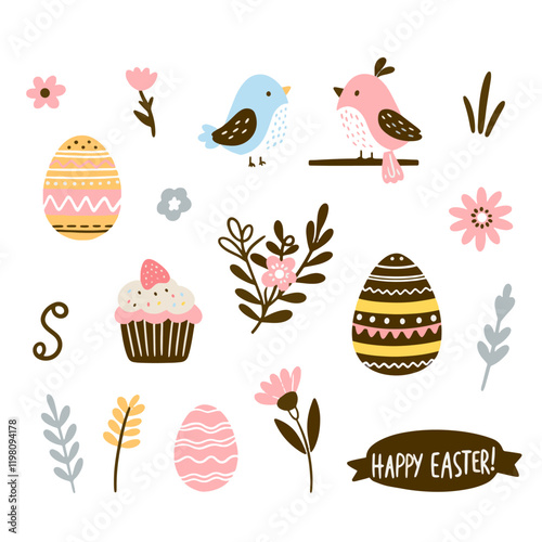 Set of cute Easter characters and elements. Easter bunny, chicks, eggs and flowers. Vector illustration.