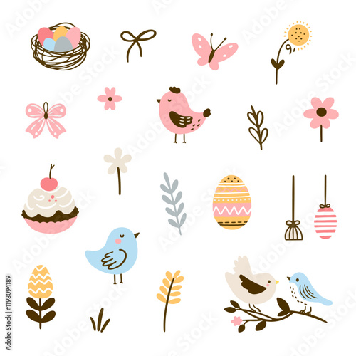 Set of cute Easter characters and elements. Easter bunny, chicks, eggs and flowers. Vector illustration.