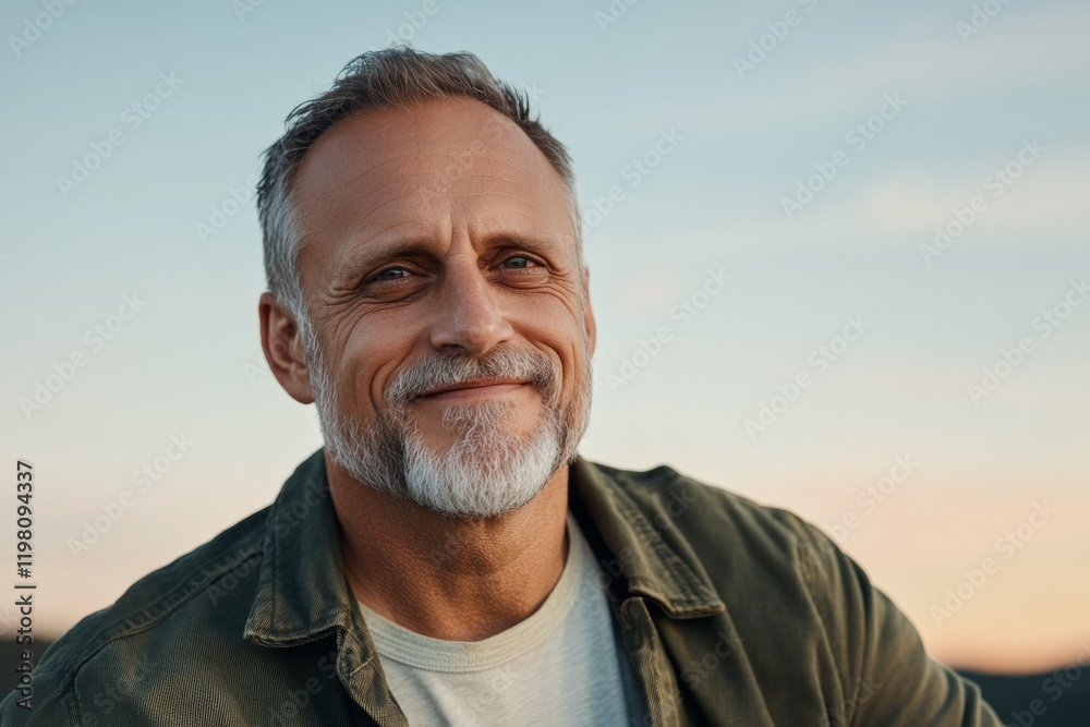 Man with a beard smiles in a serene outdoor setting during sunset in a beautiful landscape Man with a beard smiles in a serene outdoor setting during sunset in a beautiful landscape