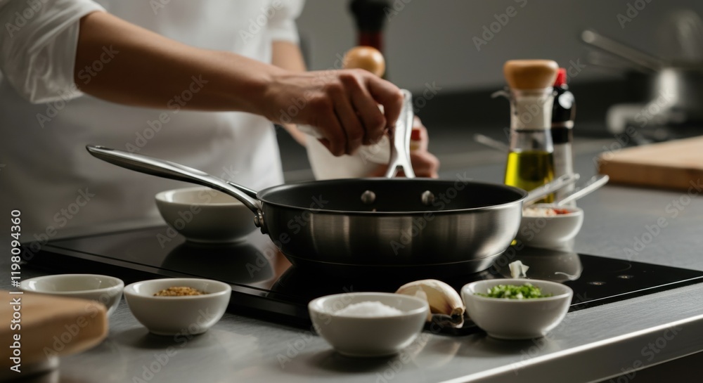 Asian adult preparing a meal in a modern kitchen Asian adult preparing a meal in a modern kitchen