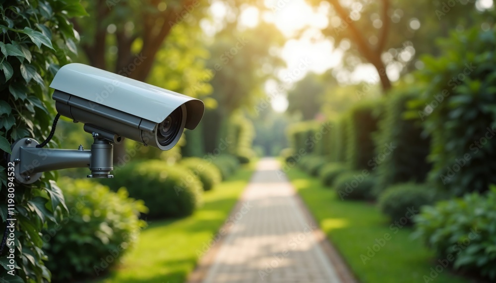 Surveillance camera on wall surrounded by green foliage in sunny park.Protection. Security system ad, smart home promotion, park surveillance concept, technology in harmony with nature, safety campaig Surveillance camera on wall surrounded by green foliage in sunny park.Protection. Security system ad, smart home promotion, park surveillance concept, technology in harmony with nature, safety campaig