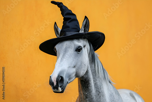 Whimsical horse wearing a black witch hat, set against an orange background for Halloween themes  photo