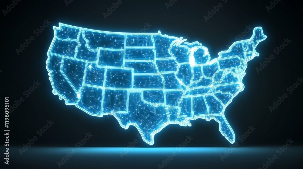 Neon light map displaying the geographical layout of the United States with vibrant glowing outlines of individual states against a dark backdrop Neon light map displaying the geographical layout of the United States with vibrant glowing outlines of individual states against a dark backdrop