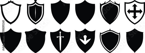 Shield silhouettes set, armor pack of vector silhouette design, isolated background