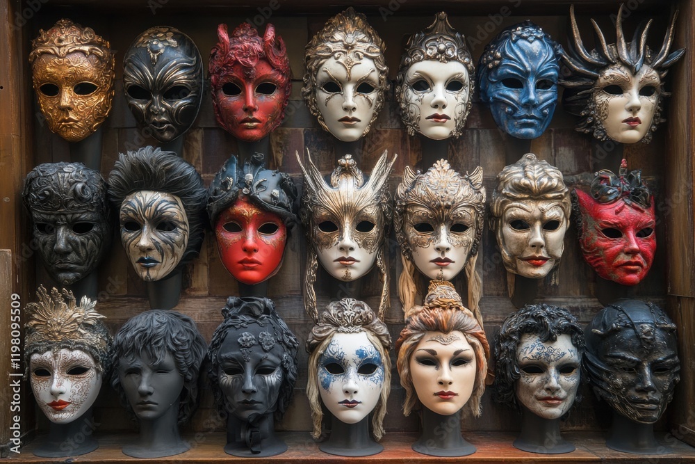 Venetian carnival masks displayed on wooden shelves creating a captivating scene Venetian carnival masks displayed on wooden shelves creating a captivating scene