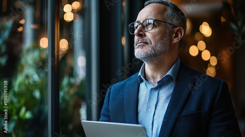 Middle-aged businessman looking out the window while holding a laptop, reflecting a thoughtful and strategic approach to his work