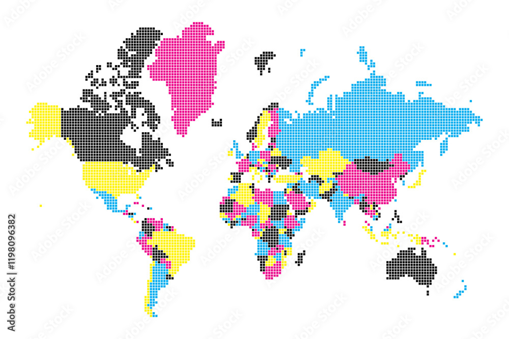 Fototapeta premium This political world map illustrates countries and regions using a grid pattern with various colors. Each color represents a different political entity or group across the globe.