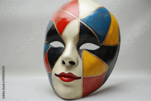 Venetian mask showing colorful geometric patterns representing carnival and mystery