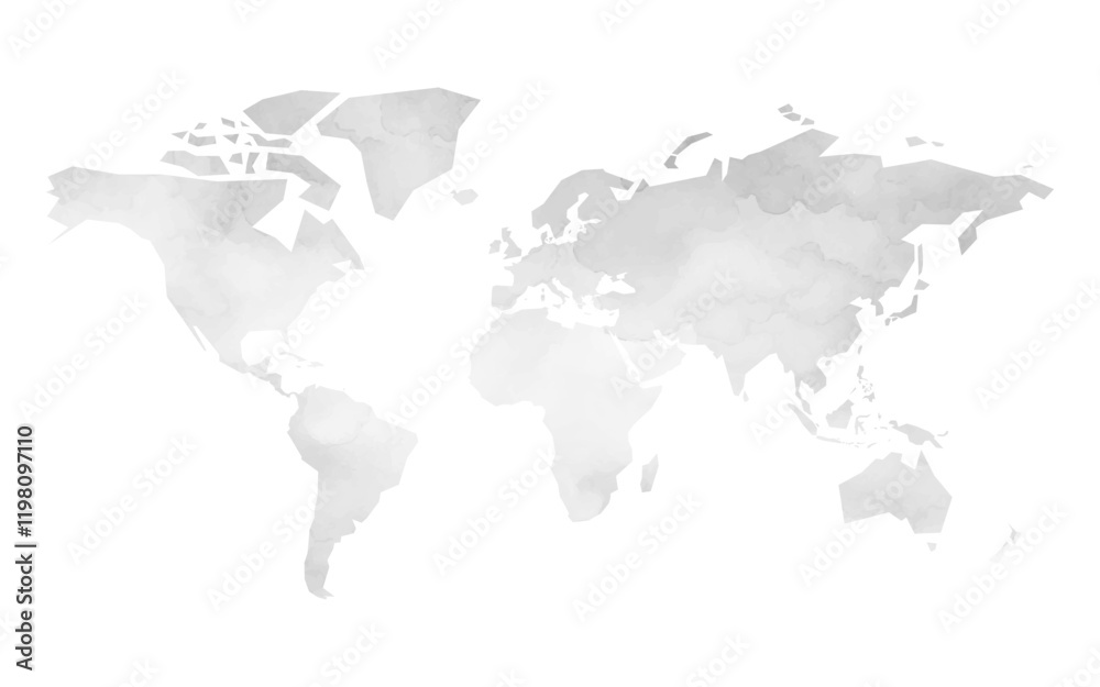 This vector illustration features a world map design in a watercolor style, showcasing delicate textures and gentle gradients. Perfect for various creative projects and presentations.