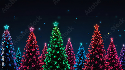 Christmas tree and flying ornaments on neon lights background