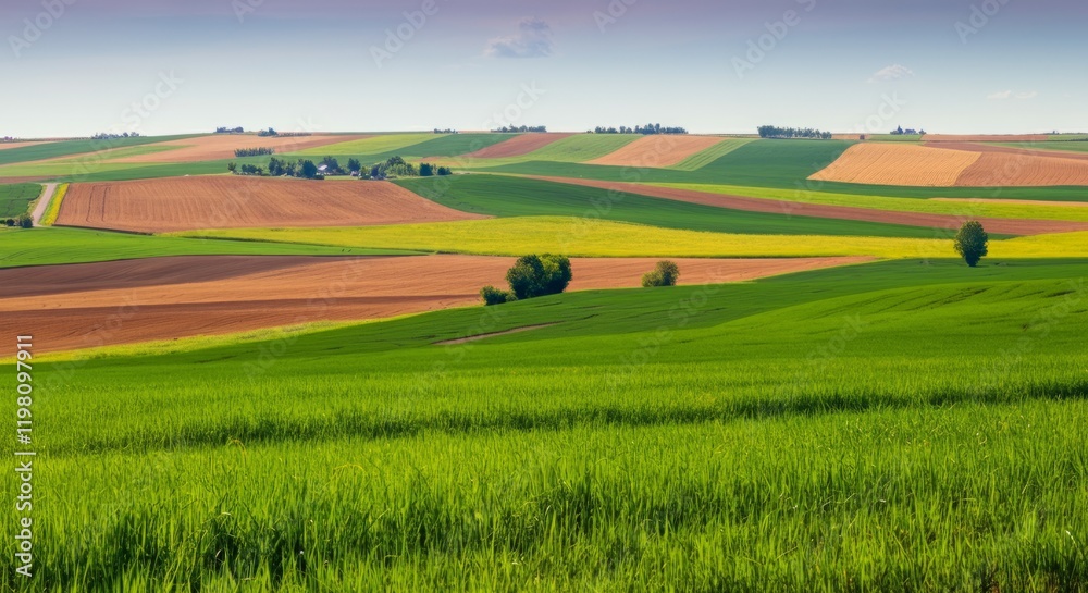 Fototapeta premium Large field of green grass with a few trees scattered throughout