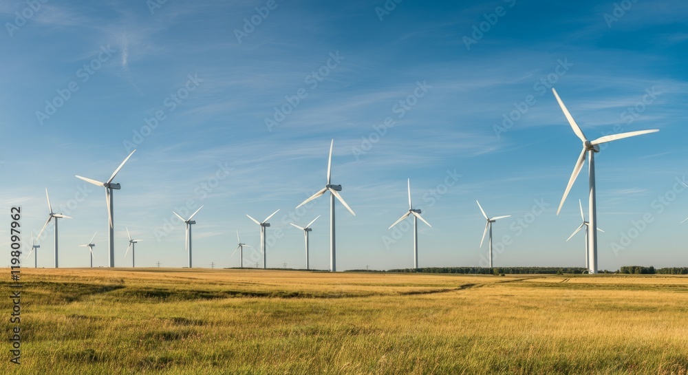 Field of wind turbines with the sun shining on them Field of wind turbines with the sun shining on them