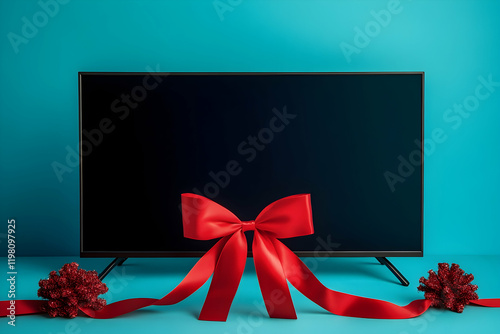 Flat-screen TV with a bold red ribbon ready for gifting on a minimalist background