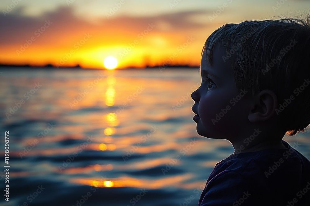 Fototapeta premium Toddler observing a beautiful sunset over the sea
