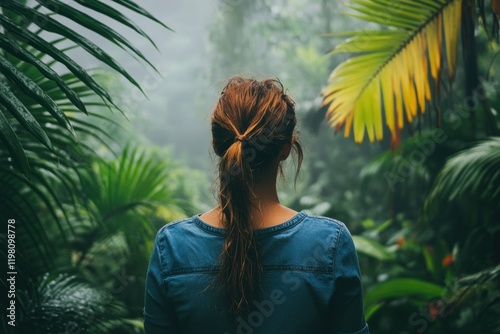 Woman exploring tropical rainforest enjoying lush green nature during rainy season