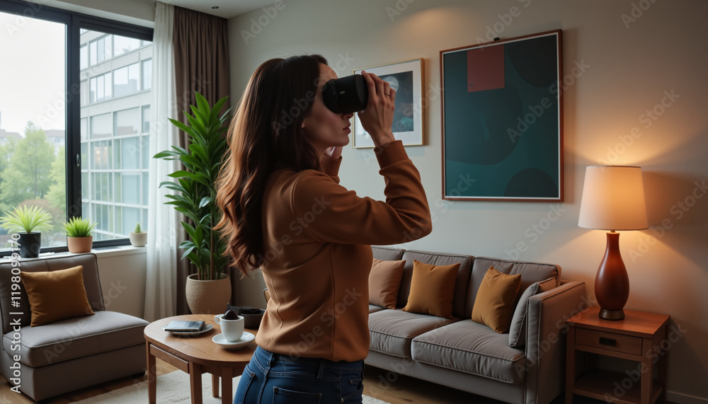 Woman exploring virtual reality in modern living room, empowerment Woman exploring virtual reality in modern living room, empowerment