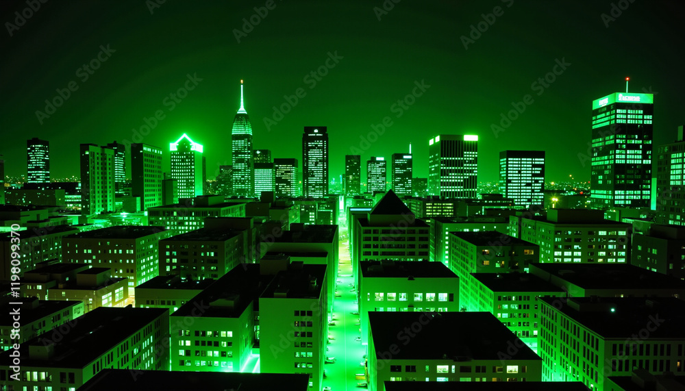 Green city skyline illuminated at night, St. Patrick's Day celebration Green city skyline illuminated at night, St. Patrick's Day celebration