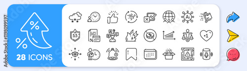Global business, Reminder and Delivery man line icons. Interest rate, AI generate, Inflation icons. Pack of Time management, Inventory cart, Maze attention icon. Vector