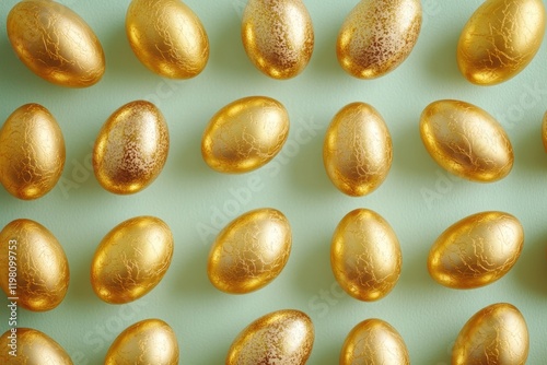 Elegant symmetrical arrangement of golden Easter eggs on pastel background for holiday inspiration photo