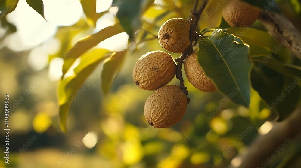 Obraz premium Orchard sunlit ripe fruits hanging tree branch