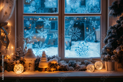 Frosted window with intricate blue ice patterns, set against a wintery background, creating a festive atmosphere photo