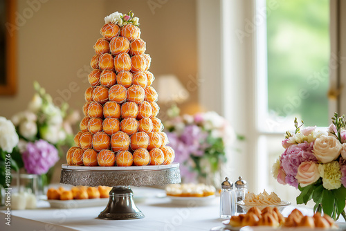 Tall Croquembouche French wedding cake, with spun sugar, on silver stand