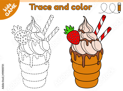 Kids educational game. Trace and color. Connect dotted lines and draw a trdelnik with cream, chocolate glaze. Trdlo is traditional Czech street food. Handwriting practice worksheet for baby. Vector.