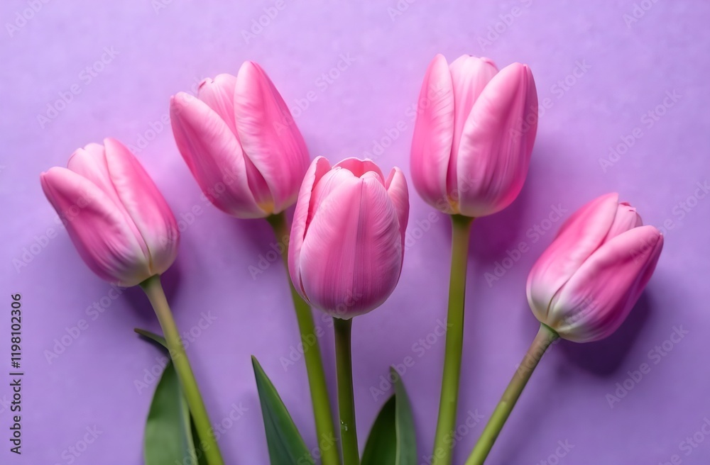 Pink tulips on a lilac background. Spring flowers. Spring card. Postcard for Women's Day and Mother's Day. Pink tulips on a lilac background. Spring flowers. Spring card. Postcard for Women's Day and Mother's Day.