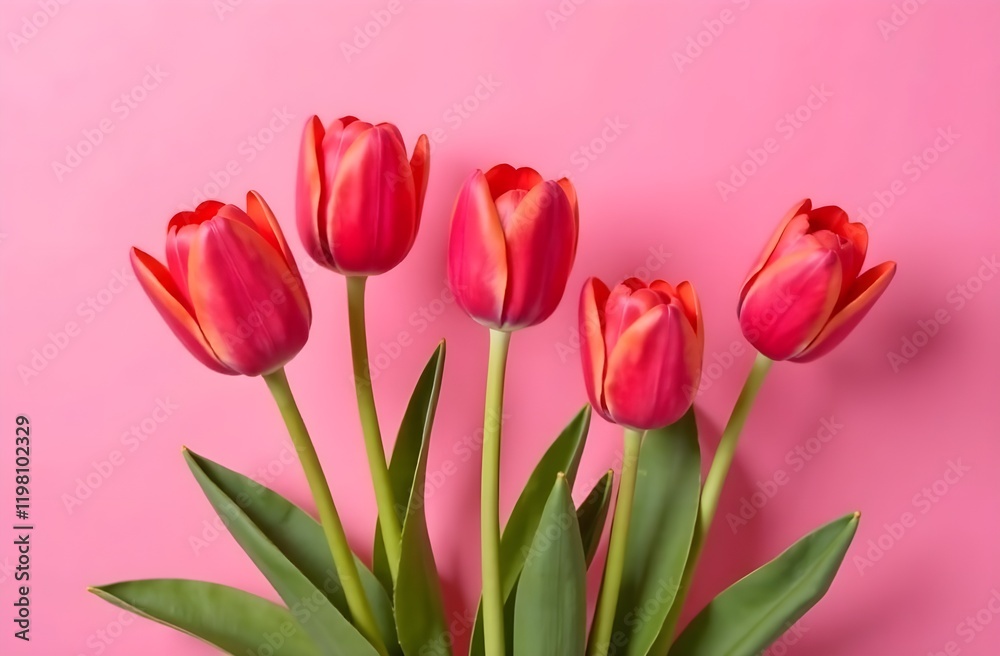 Pink tulips on a pink background. Spring flowers. Spring card. Postcard for Women's Day and Mother's Day. Pink tulips on a pink background. Spring flowers. Spring card. Postcard for Women's Day and Mother's Day.