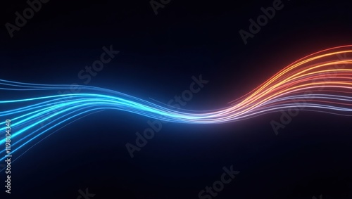 Abstract glowing light trails curve in blue and orange