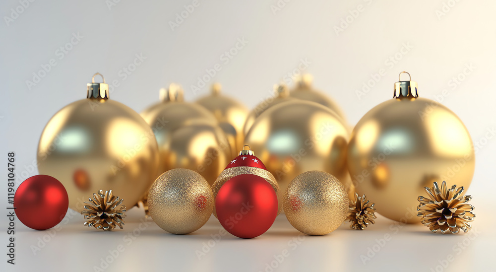 Elegant Christmas Ornaments in Gold and Red with Pine Cones on a Soft Background Elegant Christmas Ornaments in Gold and Red with Pine Cones on a Soft Background